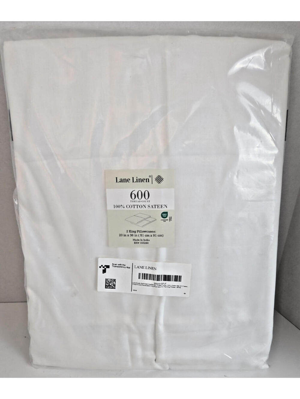 Lane Linen 600TC 100% Cotton Sateen King Pillowcases White 20x36" Pack of 2